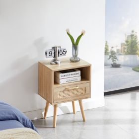 15.75" Rattan End table with drawer and solid wood legs; Modern nightstand; side table for living roon; bedroom; natural