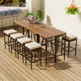 10-Piece Outdoor Acacia Wood Bar Height Table And Eight Stools With Cushions, Garden PE Rattan Wicker Dining Table, Foldable Tabletop