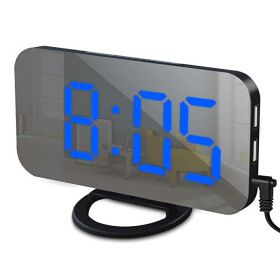 Digital LED Alarm Clock Mirror 2 USB Charger Ports Night Light LED Table Clock Snooze Function Adjustable Brightness Desk Clocks (Color: Black-Blue, Ships From: China)