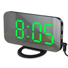 Digital LED Alarm Clock Mirror 2 USB Charger Ports Night Light LED Table Clock Snooze Function Adjustable Brightness Desk Clocks (Color: Black-Green, Ships From: China)