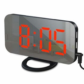 Digital LED Alarm Clock Mirror 2 USB Charger Ports Night Light LED Table Clock Snooze Function Adjustable Brightness Desk Clocks (Color: Black-Red, Ships From: China)