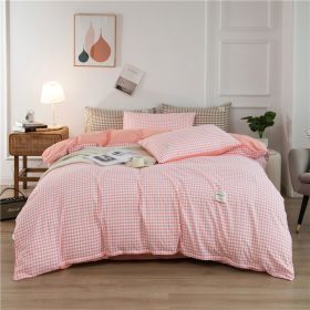 Simple Style Bedding 4 Piece Quilt Cover Sheet Pillowcase Cotton Spring Summer Autumn Winter Solid Two-color Student Dormitory (Color: pink plaid 2, size: 200x230cm 4-piece)