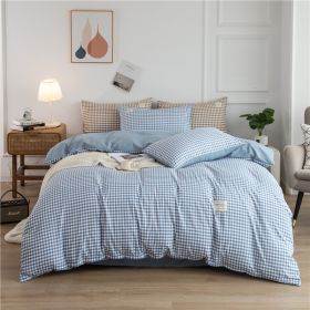 Simple Style Bedding 4 Piece Quilt Cover Sheet Pillowcase Cotton Spring Summer Autumn Winter Solid Two-color Student Dormitory (Color: Blue plaid, size: 220x240cm 4-piece)