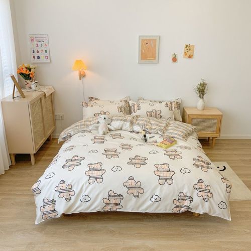 Washed Cotton Bedding 4 Piece Set 1.5m-2.2m Quilt Cover Sheet Pillowcase Plaid Stripes Student Dormitory Adult Child Boys Girls