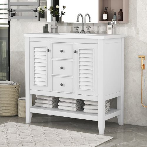 36" Bathroom Vanity with Ceramic Basin, Two Cabinets and Drawers, Open Shelf, Solid Wood Frame 36" Bathroom Vanity with Ceramic Basin, Two Cabinets and Drawers, Open Shelf, Solid Wood Frame