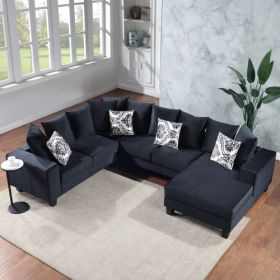 110*85" Modern U Shape Sectional Sofa, Velvet Corner Couch with Lots of Pillows Included,Elegant and functional indoor furniture for Living Room, Apar (Color: Black)