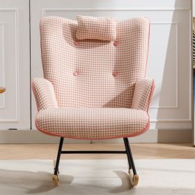 35.5 inch Rocking Chair, Soft Houndstooth Fabric Leather Fabric Rocking Chair for Nursery, Comfy Wingback Glider Rocker with Safe Solid Wood Base for (Color: Pink)